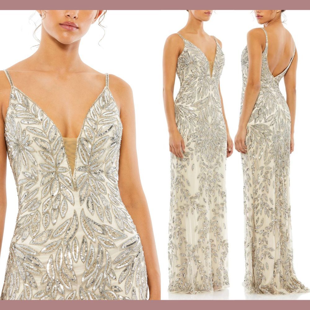 NWT $498 Mac Duggal [ 12 ] Plunging V Neck Embellished Leaf Gown Silver Nude J23